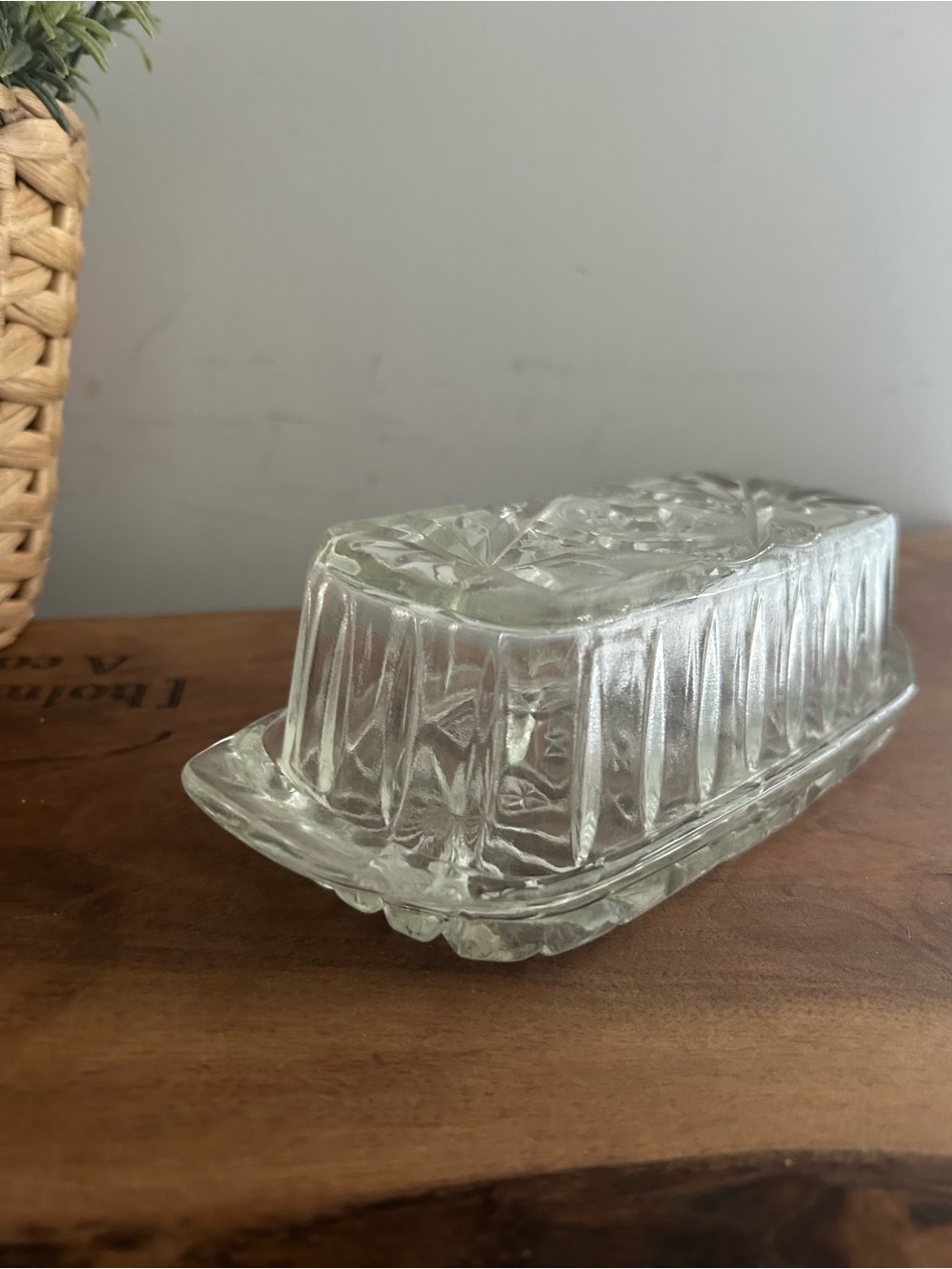 Vintage Clear Pressed Glass Butter Dish with Lid Starburst Mid Century
